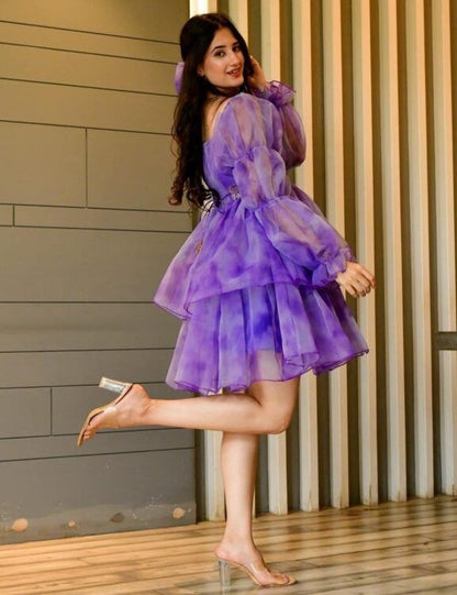 Blue organza silk digital printed frock kurti