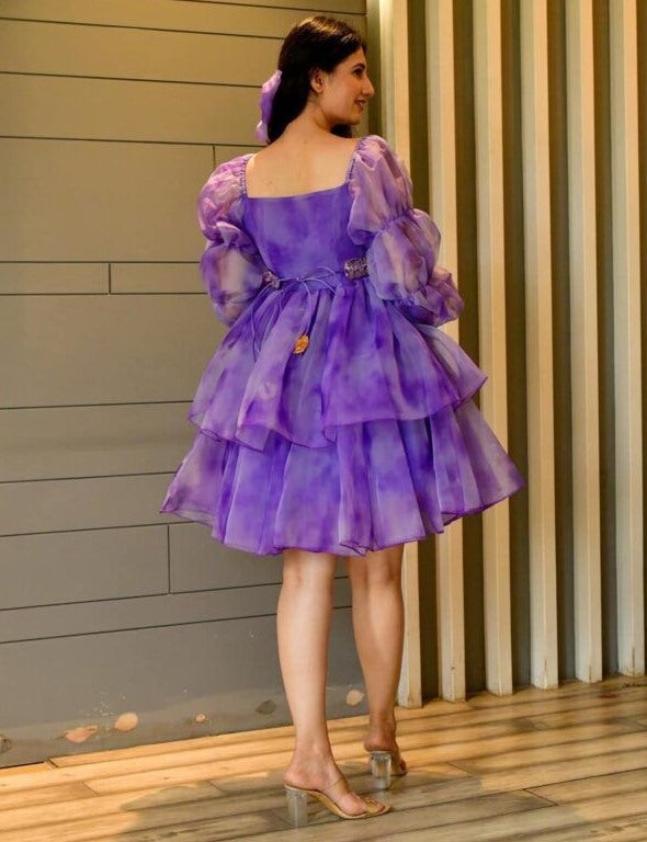 Blue organza silk digital printed frock kurti