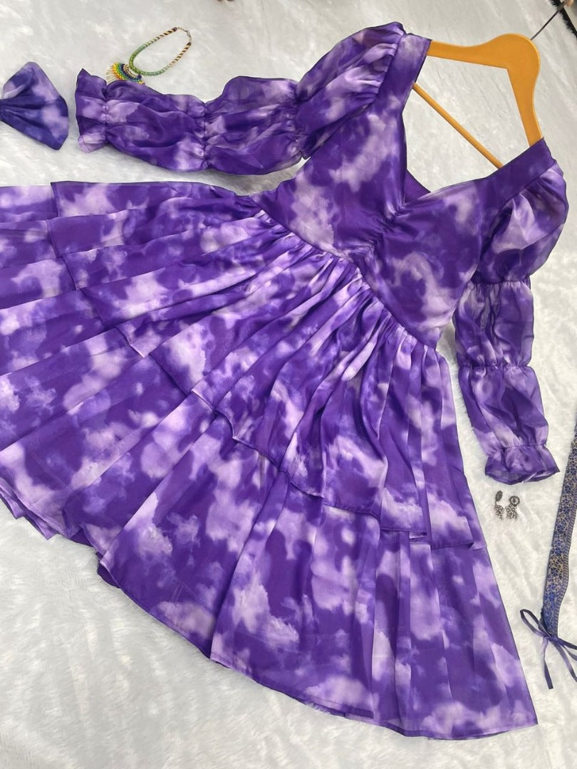 Blue organza silk digital printed frock kurti