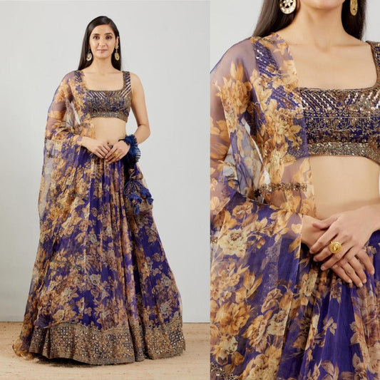 Blue organza silk embroidered sequence work lehenga choli