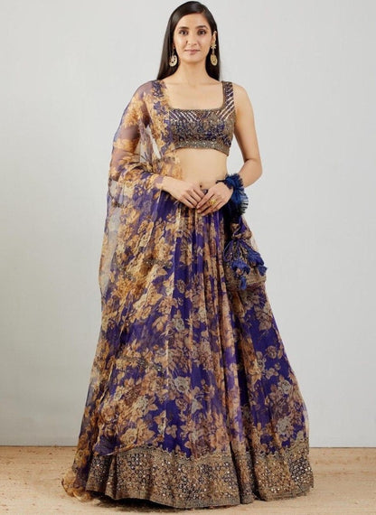 Blue organza silk embroidered sequence work lehenga choli