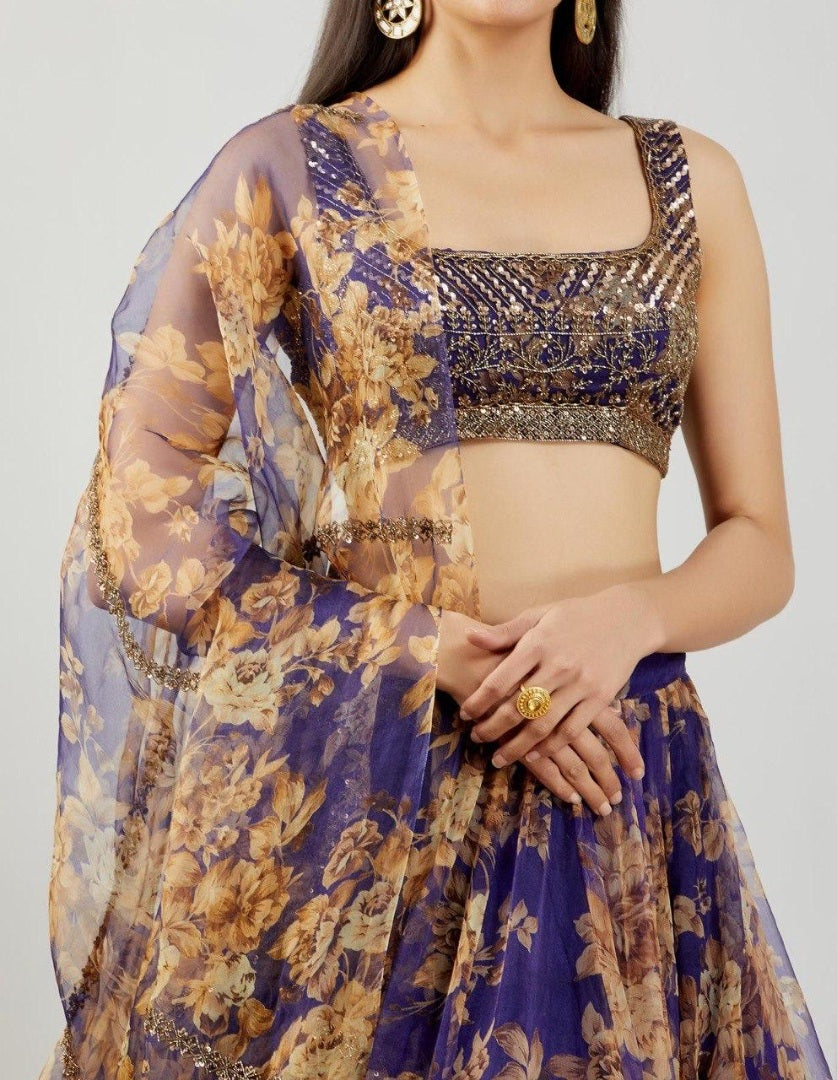 Blue organza silk embroidered sequence work lehenga choli