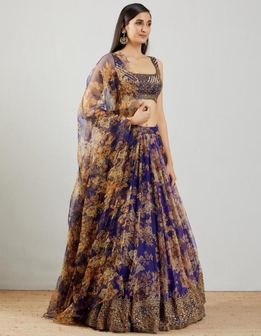Blue organza silk embroidered sequence work lehenga choli