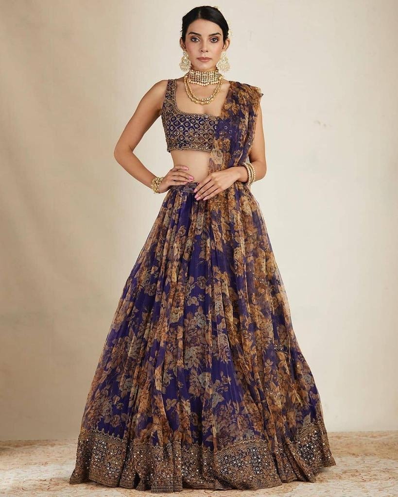 Blue organza silk embroidered sequence work lehenga choli