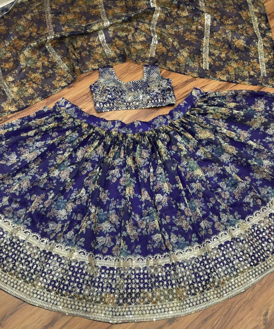 Blue organza silk embroidered sequence work lehenga choli