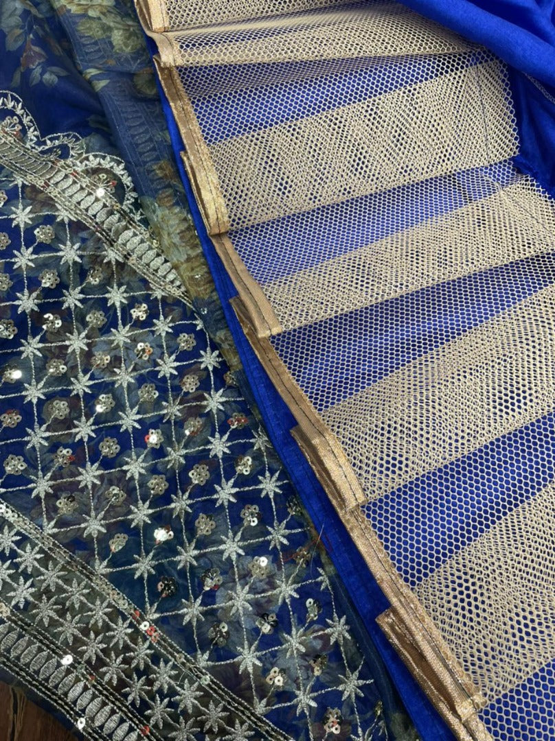 Blue organza silk embroidered sequence work lehenga choli