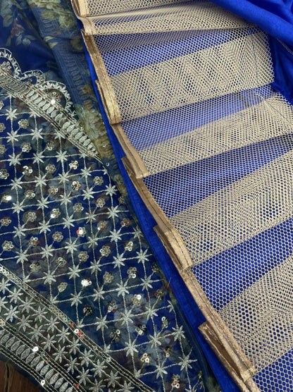 Blue organza silk embroidered sequence work lehenga choli