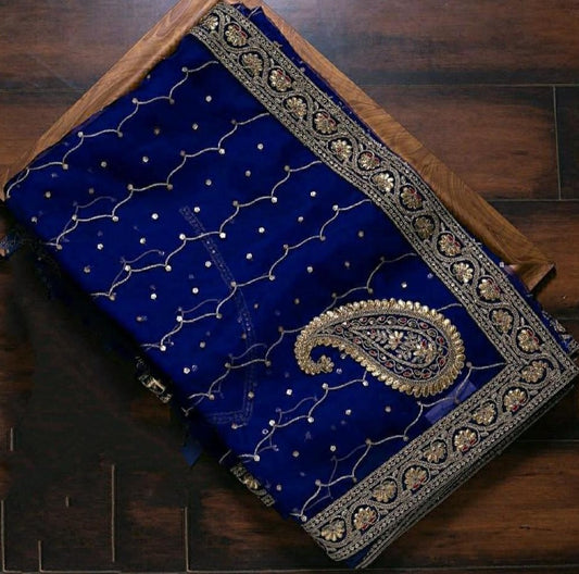 Blue organza silk thread with patch work designer saree