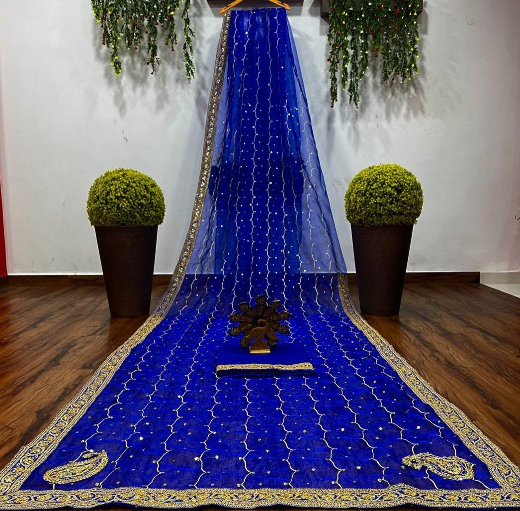 Blue organza silk thread with patch work designer saree