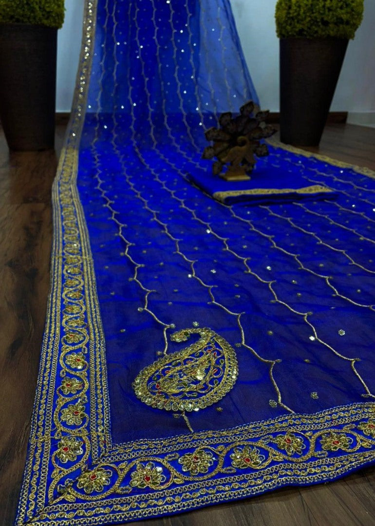 Blue organza silk thread with patch work designer saree