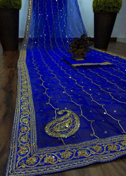 Blue organza silk thread with patch work designer saree