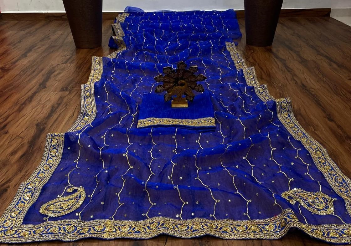 Blue organza silk thread with patch work designer saree