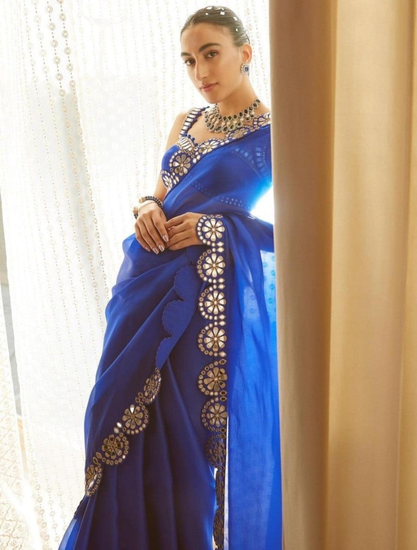 Blue organza thread and sequence work partywear saree