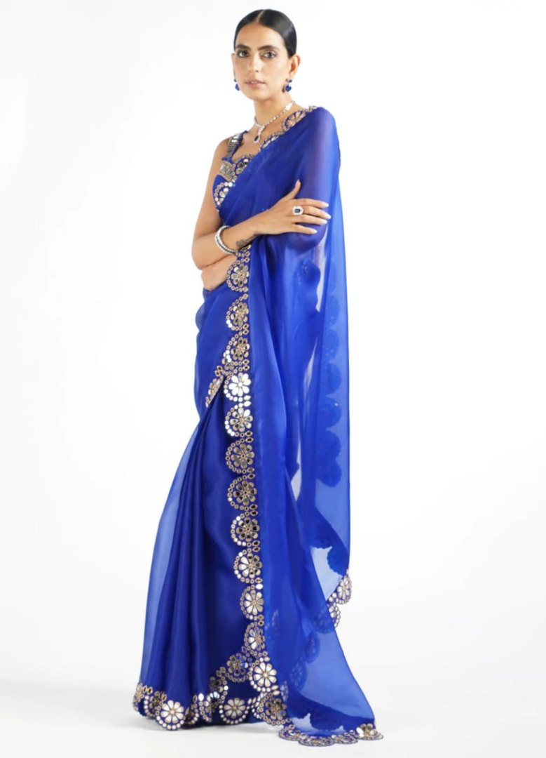 Blue organza thread and sequence work partywear saree