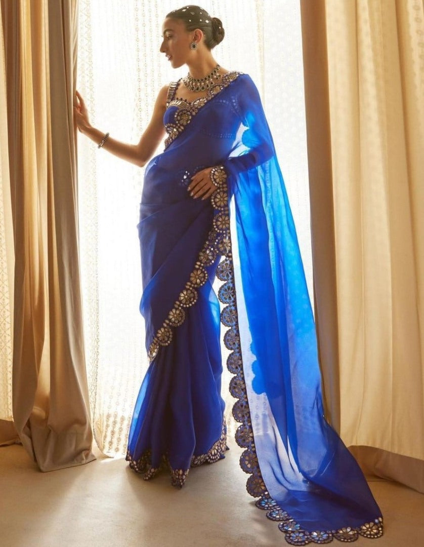 Blue organza thread and sequence work partywear saree