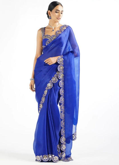 Blue organza thread and sequence work partywear saree