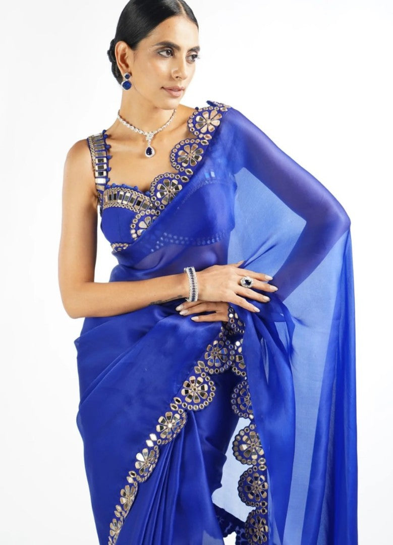Blue organza thread and sequence work partywear saree