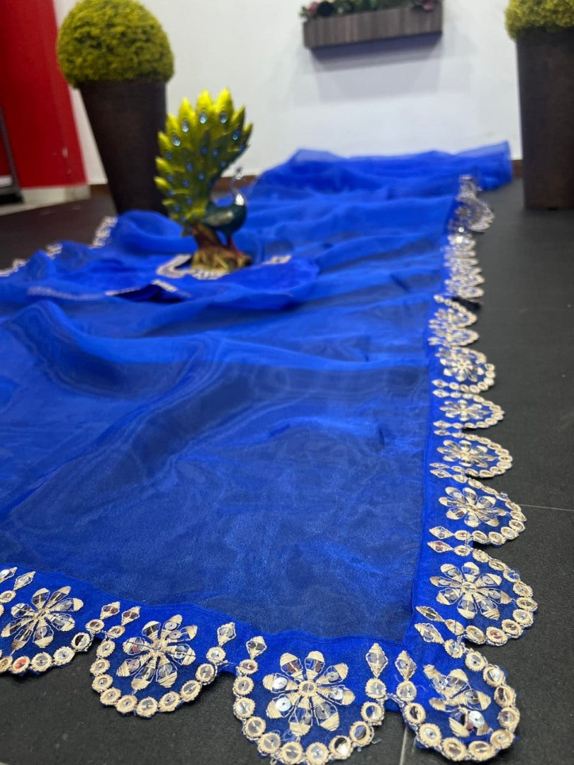 Blue organza thread and sequence work partywear saree