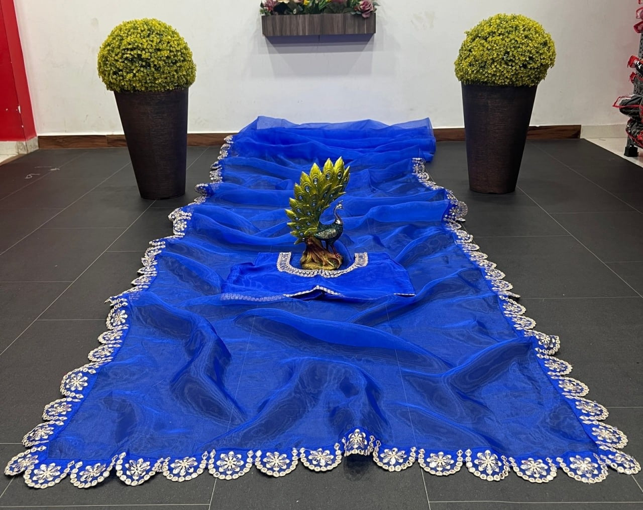 Blue organza thread and sequence work partywear saree