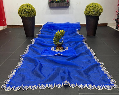 Blue organza thread and sequence work partywear saree
