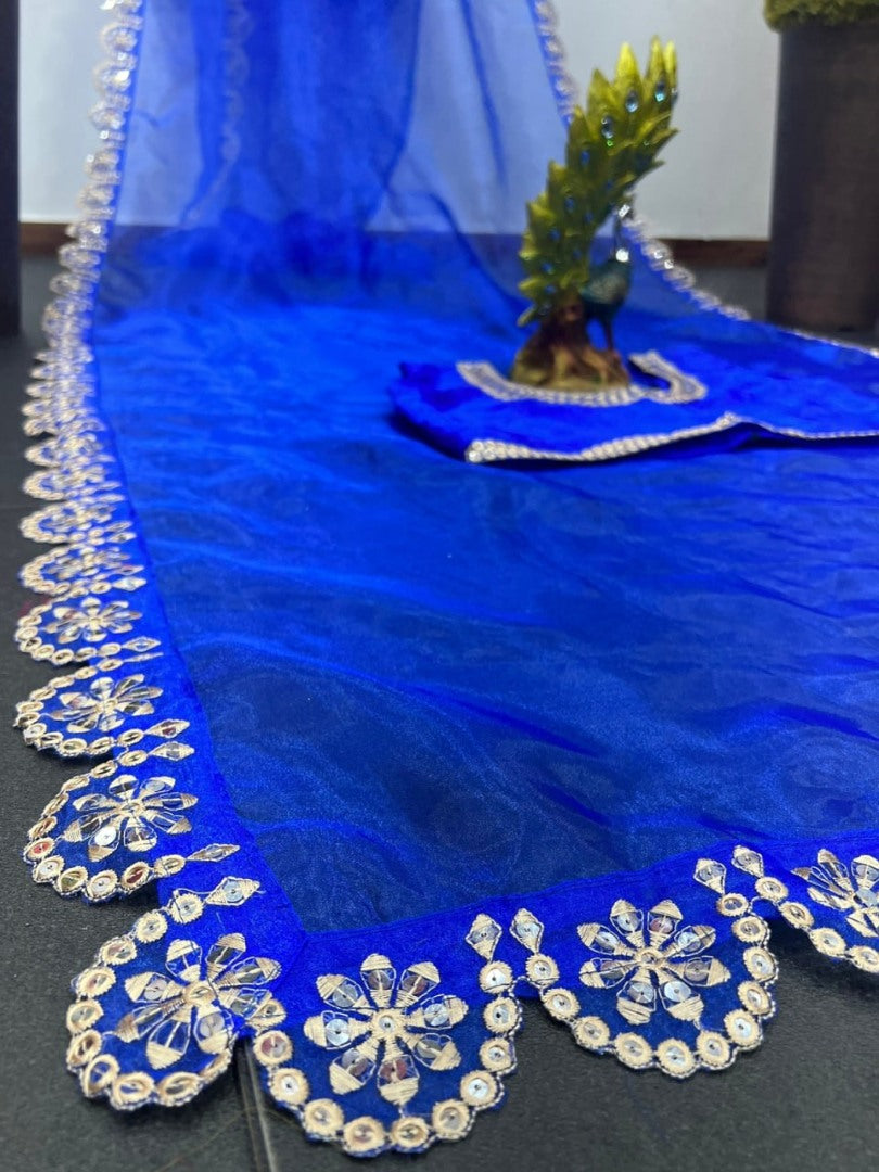 Blue organza thread and sequence work partywear saree