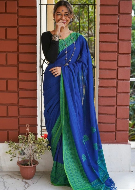 Blue original chanderi linen digital printed work saree