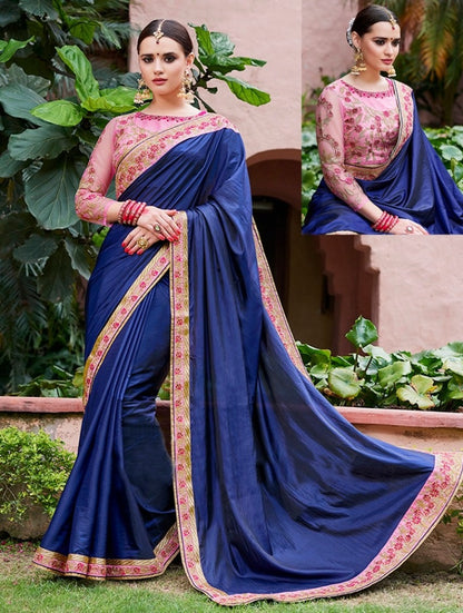 Blue paper silk fancy embroidered wedding saree