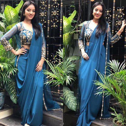 Blue paper silk indowestern saree with koti