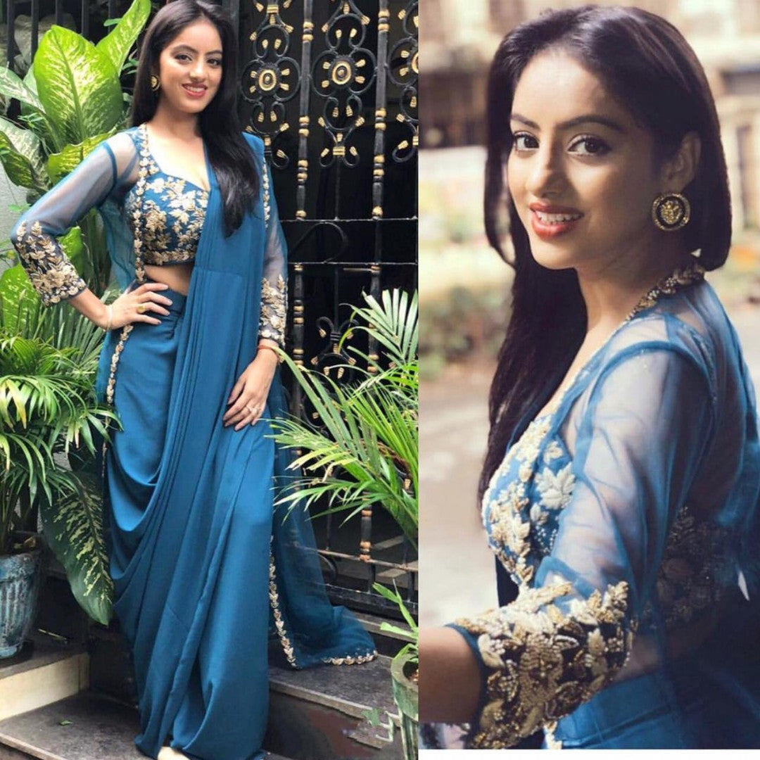 Blue paper silk indowestern saree with koti