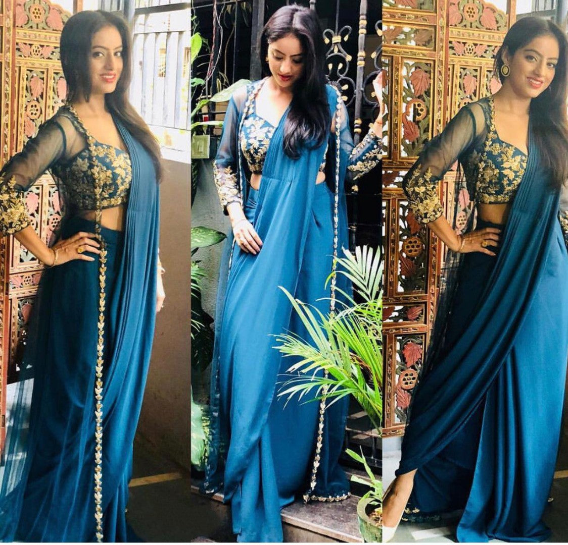 Blue paper silk indowestern saree with koti