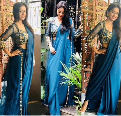 Blue paper silk indowestern saree with koti