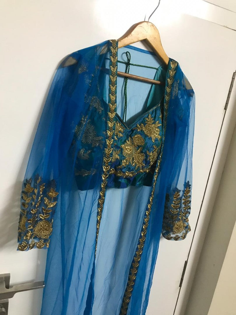 Blue paper silk indowestern saree with koti