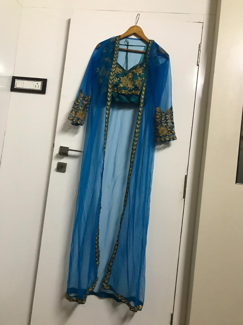 Blue paper silk indowestern saree with koti