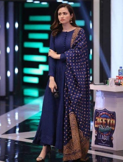 Blue phantom plain button work gown