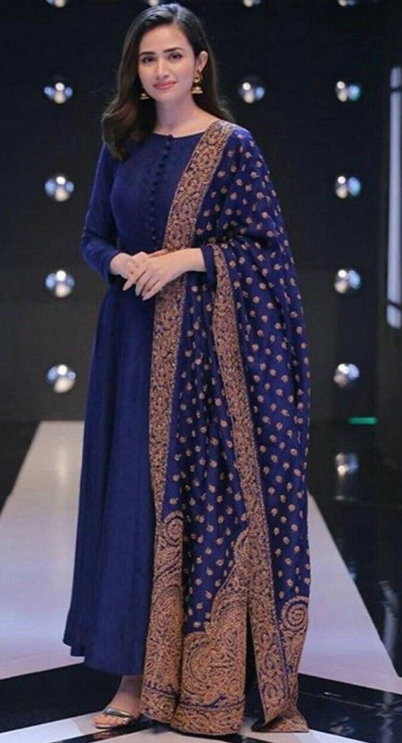 Blue phantom plain button work gown