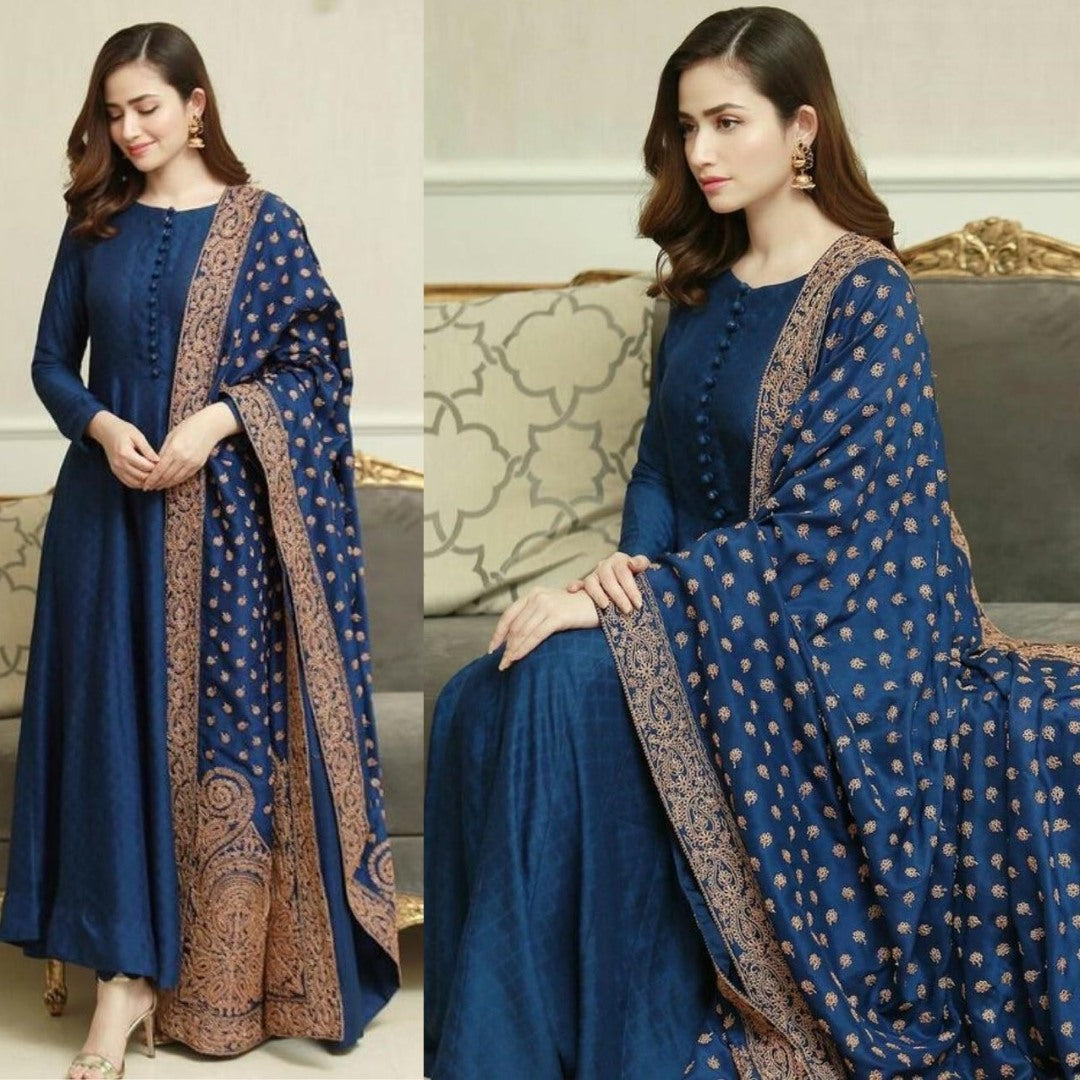 Blue phantom plain button work gown