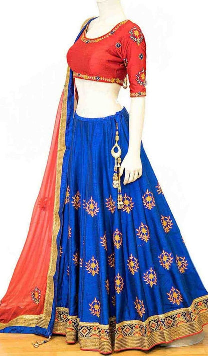 blue phantom silk embroidered festival wear lehenga choli