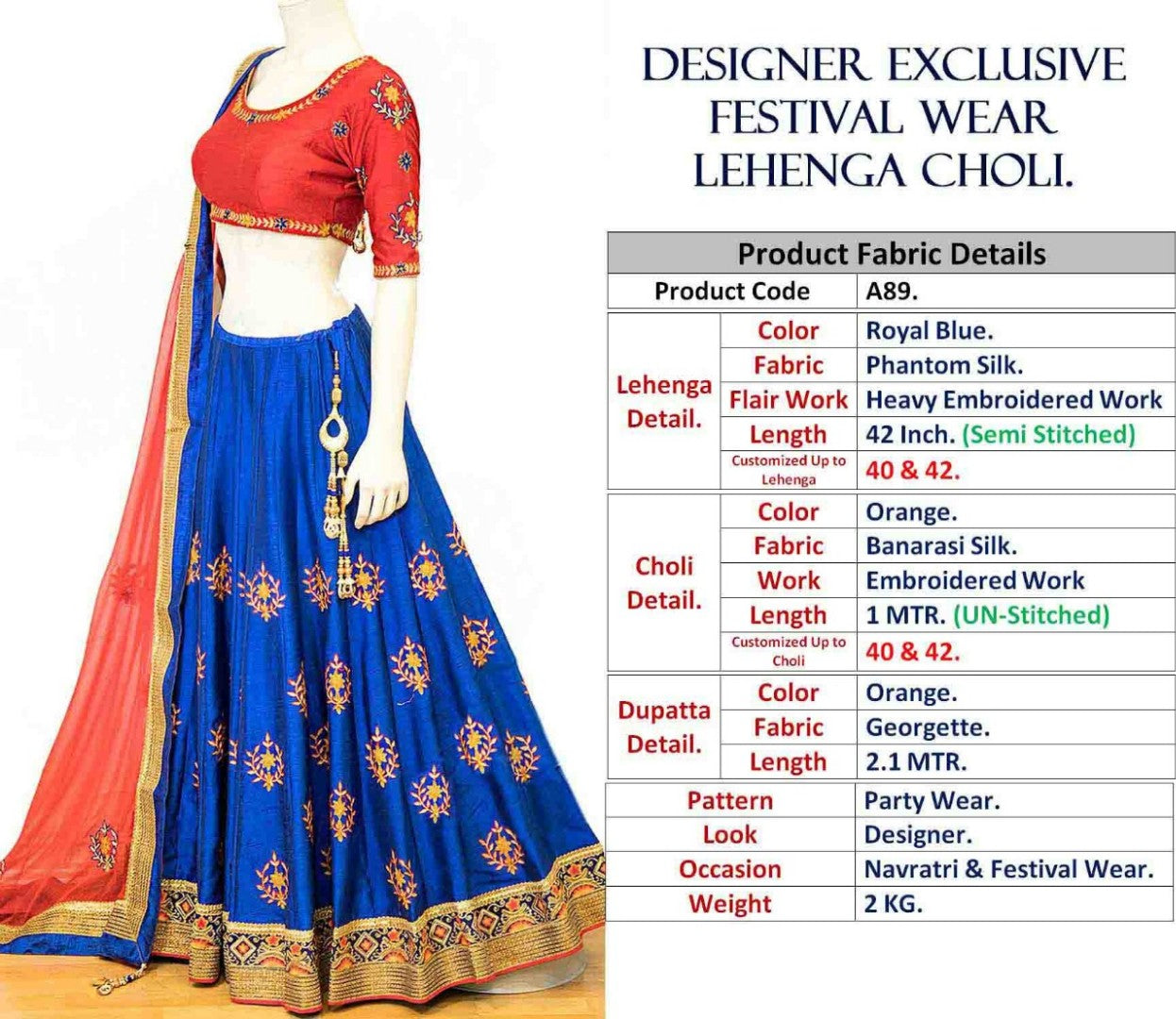 blue phantom silk embroidered festival wear lehenga choli