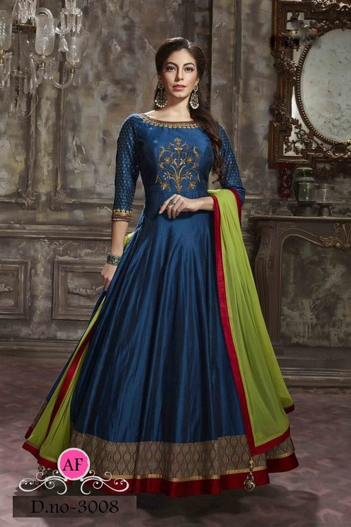 Blue phantom silk handworked partywear anarkali suit