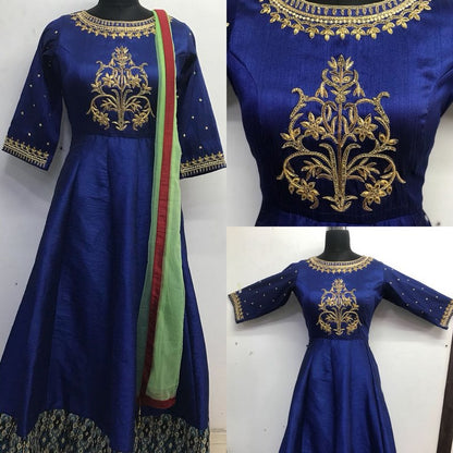 Blue phantom silk handworked partywear anarkali suit