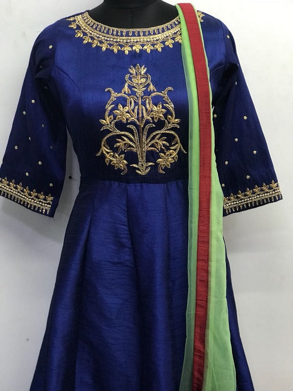 Blue phantom silk handworked partywear anarkali suit