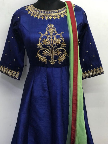 Blue phantom silk handworked partywear anarkali suit