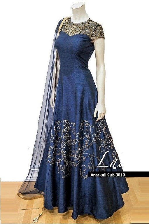 Blue phantom silk handworked wedding anarkali suit