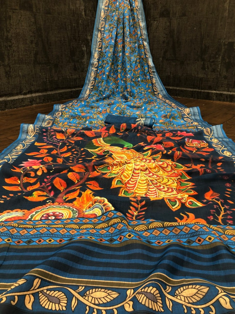 Blue premium linen kalamkari digital printed work designer saree