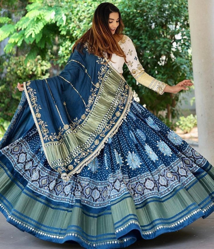 Blue print and mirror work gujarati garba navratri lehenga chaniya choli
