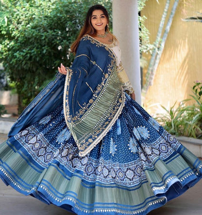 Blue print and mirror work gujarati garba navratri lehenga chaniya choli