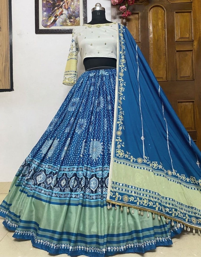 Blue print and mirror work gujarati garba navratri lehenga chaniya choli