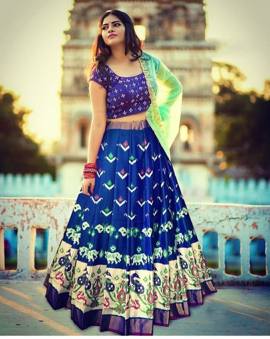 blue printed banglori silk festival lehenga choli