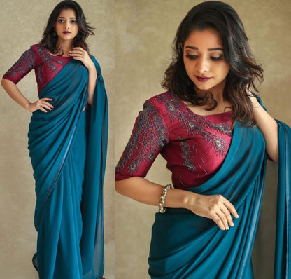 Blue pure georgette satin lace border saree with handwork blouse