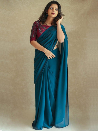 Blue pure georgette satin lace border saree with handwork blouse